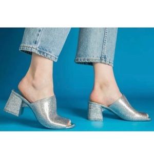 Jeffrey Campbell Petra Silver Glitter Block Heels Size 10 Mules